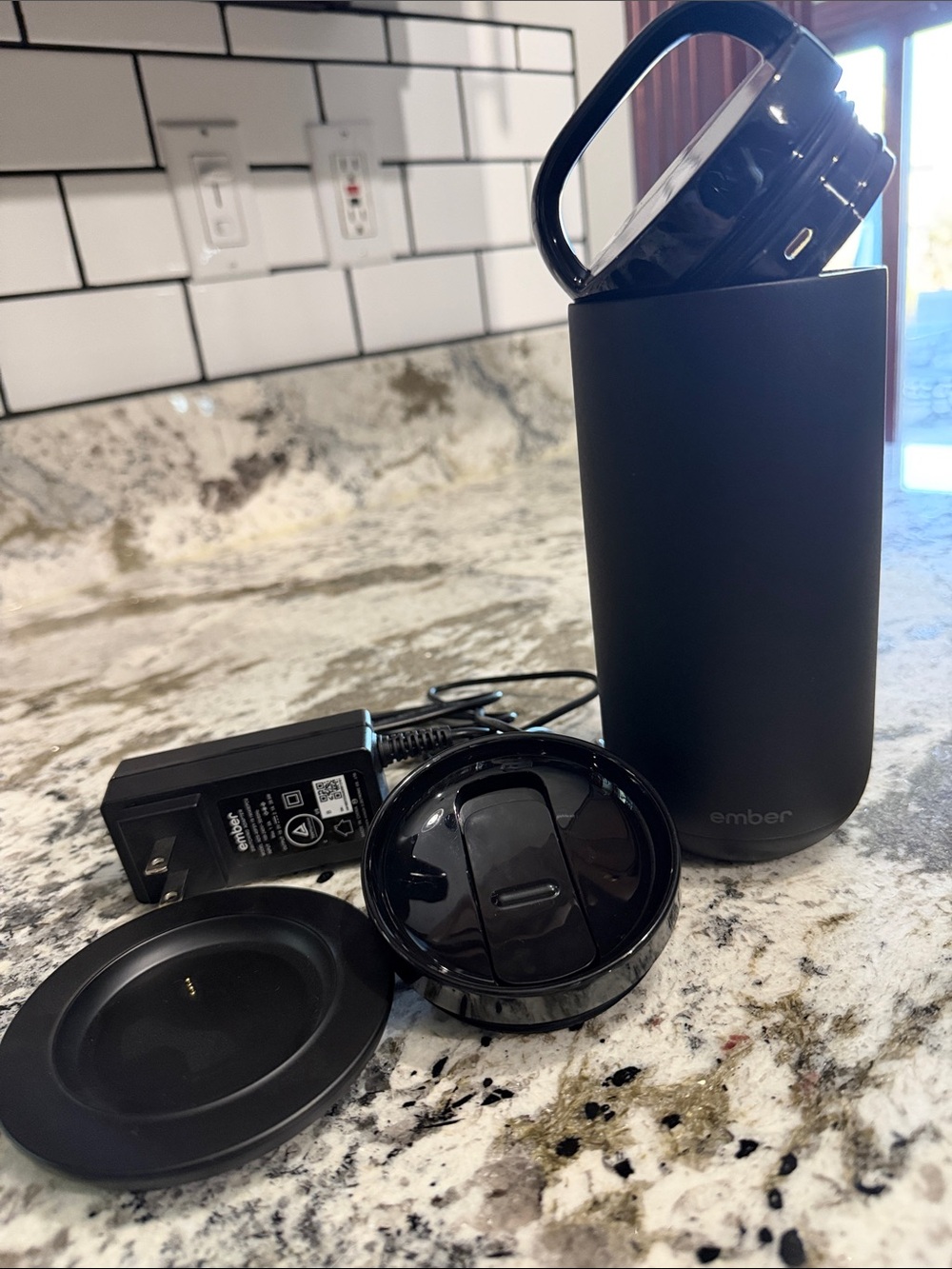 Ember Matte Black Temperature-Controlled Travel Mug w. Charging Base & Two Lids